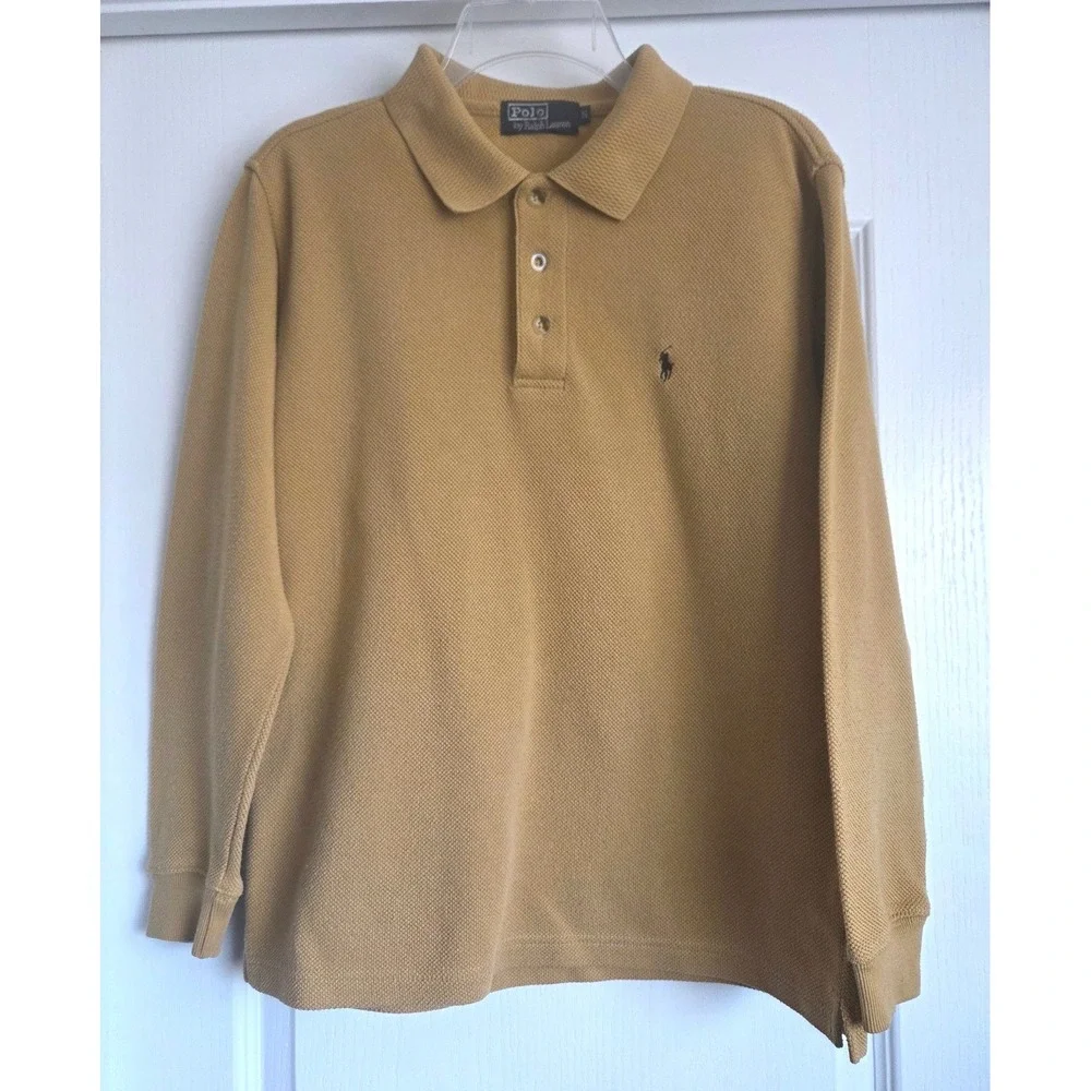 VTG Polo Ralph Lauren Long Sleeve Polo Shirt Mustard Pique Knit Sz S Preppy